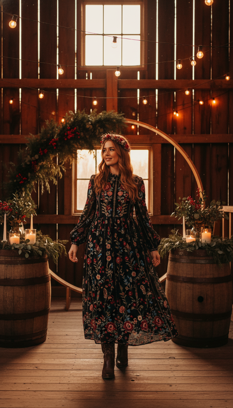 Boho-Chic Embroidered Maxi Dress with Boots