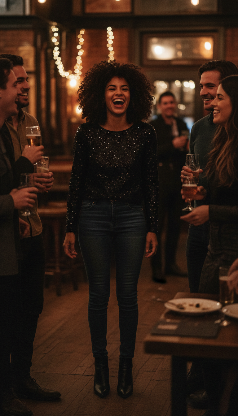 Sparkly Top and Dark Wash Jeans