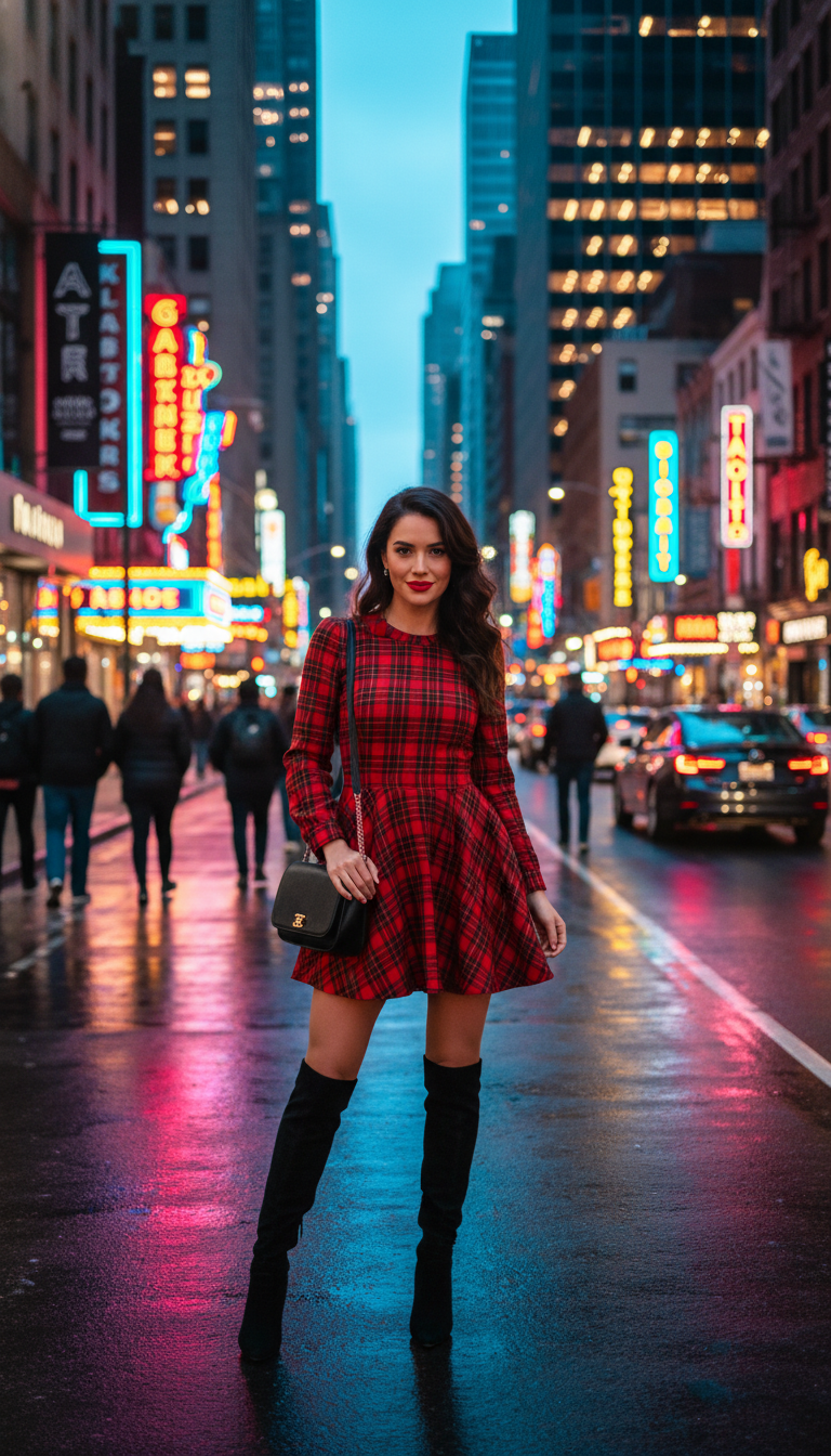 Trendy Plaid Mini Dress with Over-the-Knee Boots