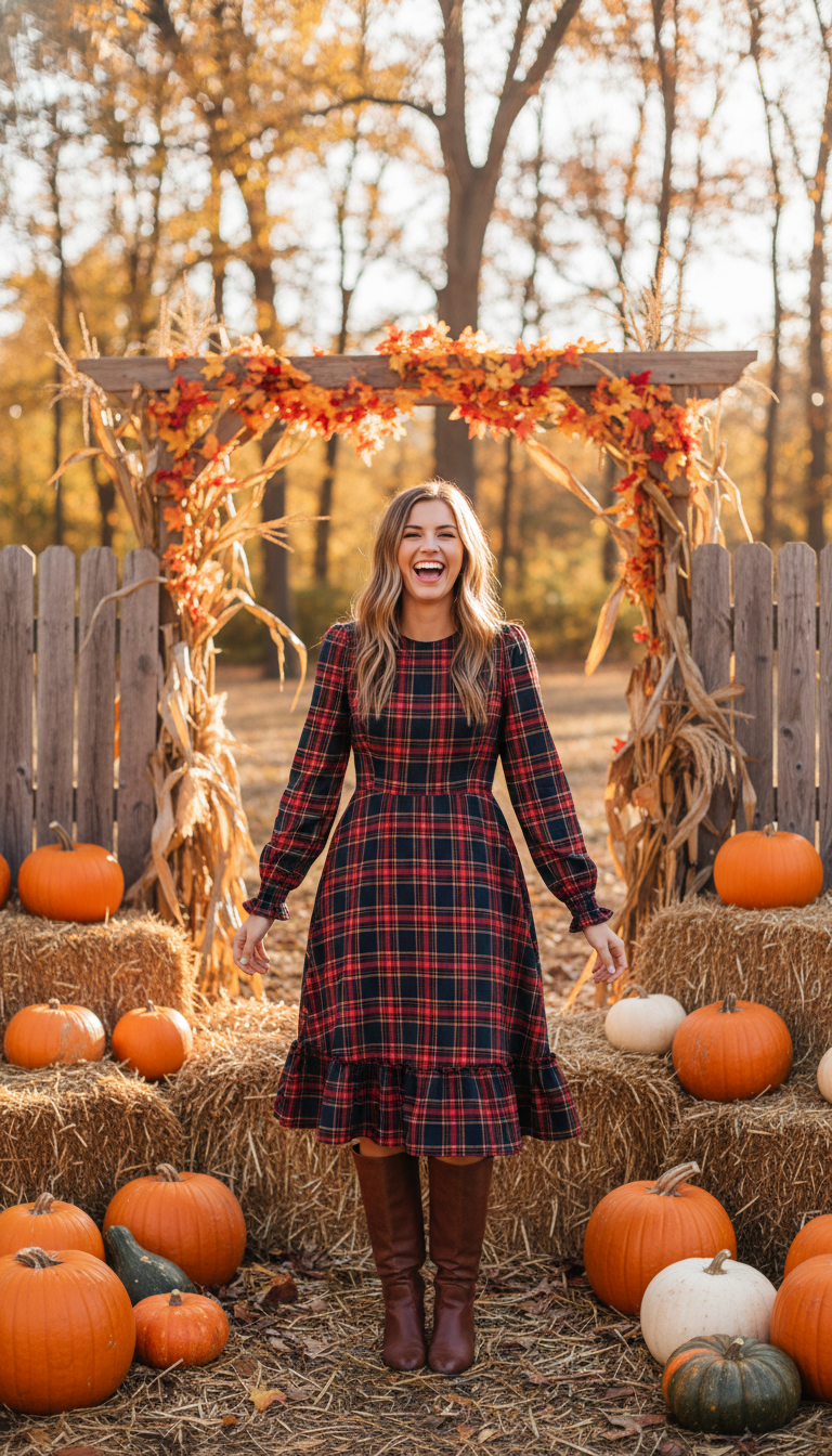 Plaid A-Line Dress with Boots