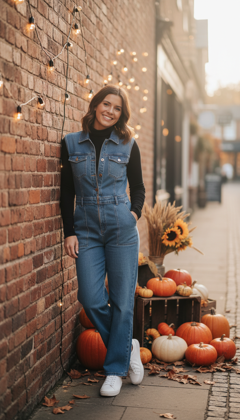 Denim Jumpsuit Layered Over a Turtleneck