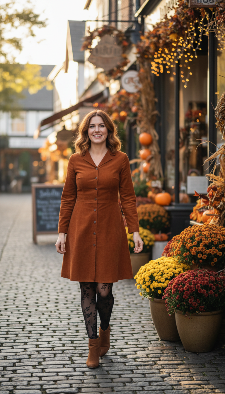 Corduroy Dress with Tights and Boots