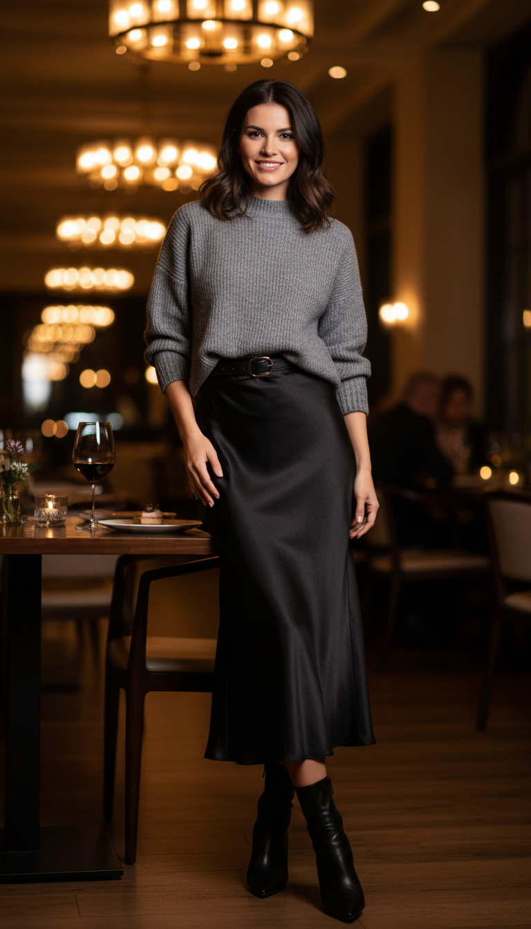 Satin Slip Skirt with a Chunky Knit Sweater