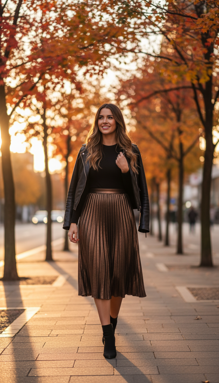 Midi Skirt (Pleated/Satin) with a Fitted Top and Leather Jacket