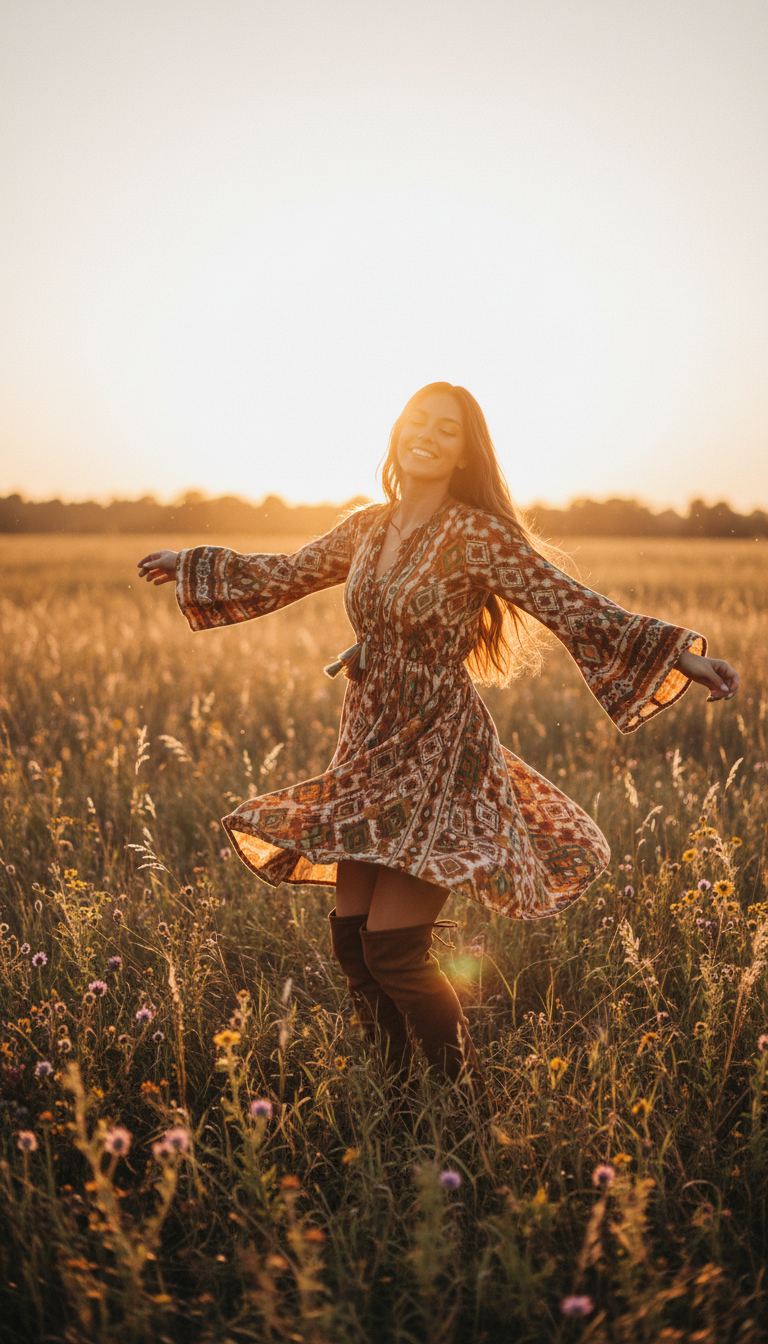 Boho Tunic Dress with Suede Over-the-Knee Boots