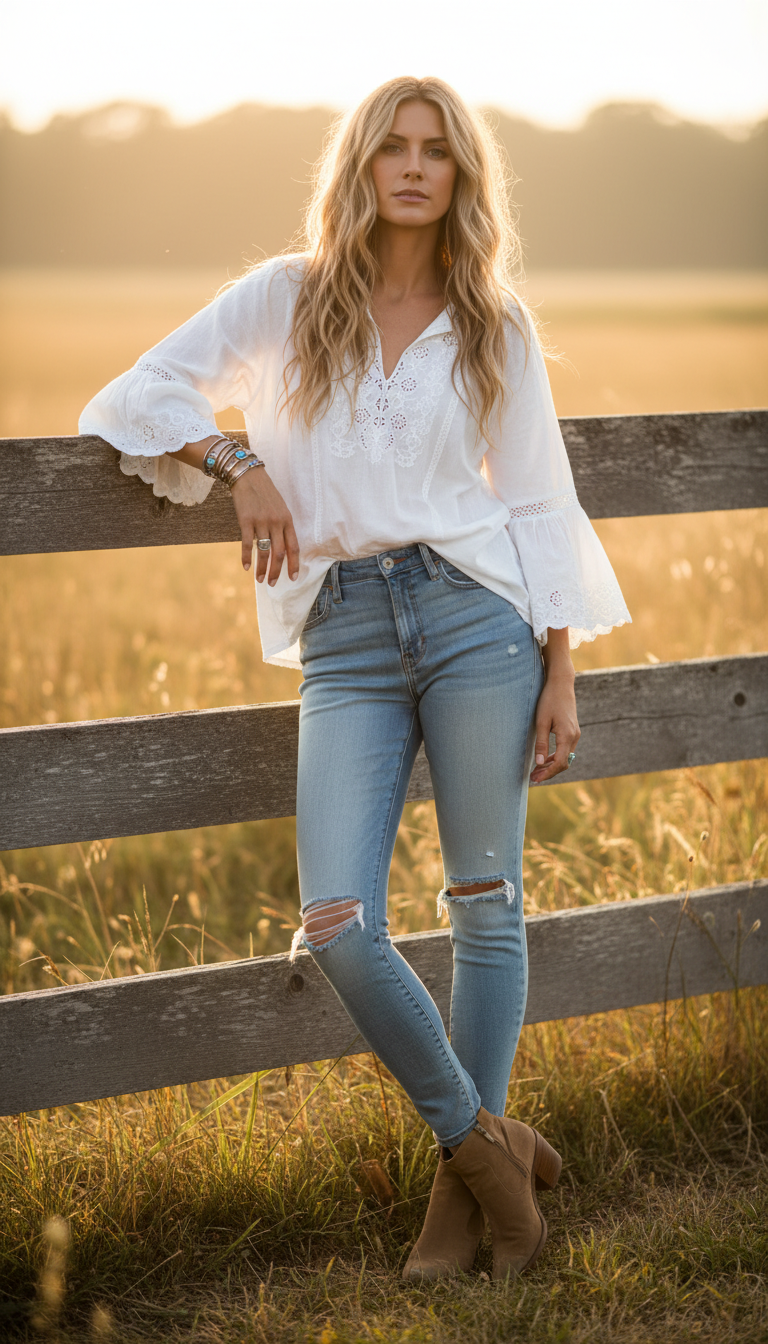 Boho Blouse & Distressed Jeans