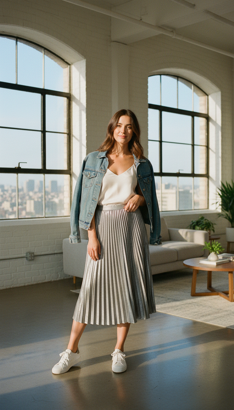 Pleated Skirt & Denim Jacket