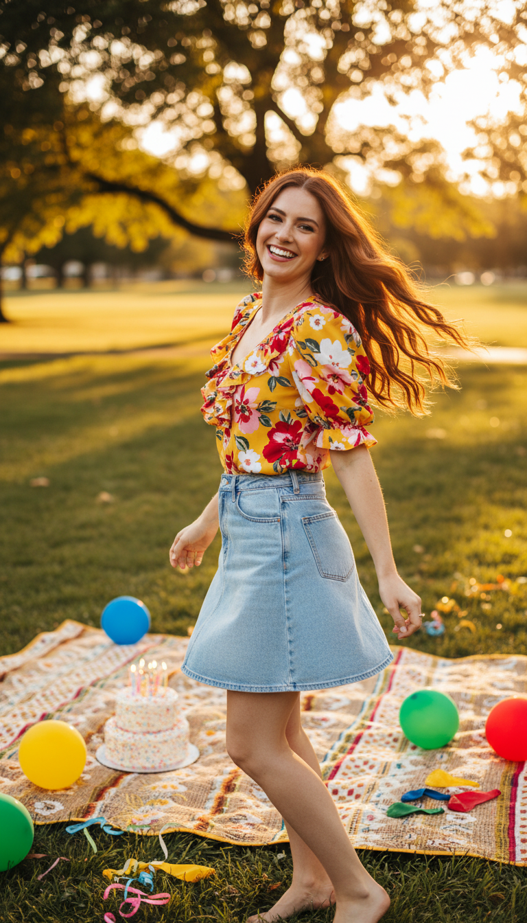 Denim Skirt & Ruffle Blouse Delight