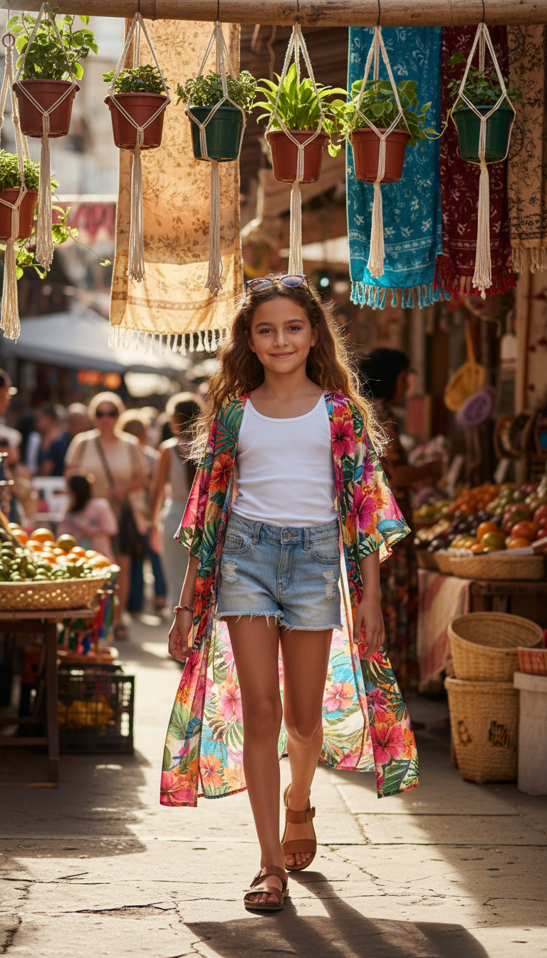 Kimono Over Tank Top & Shorts