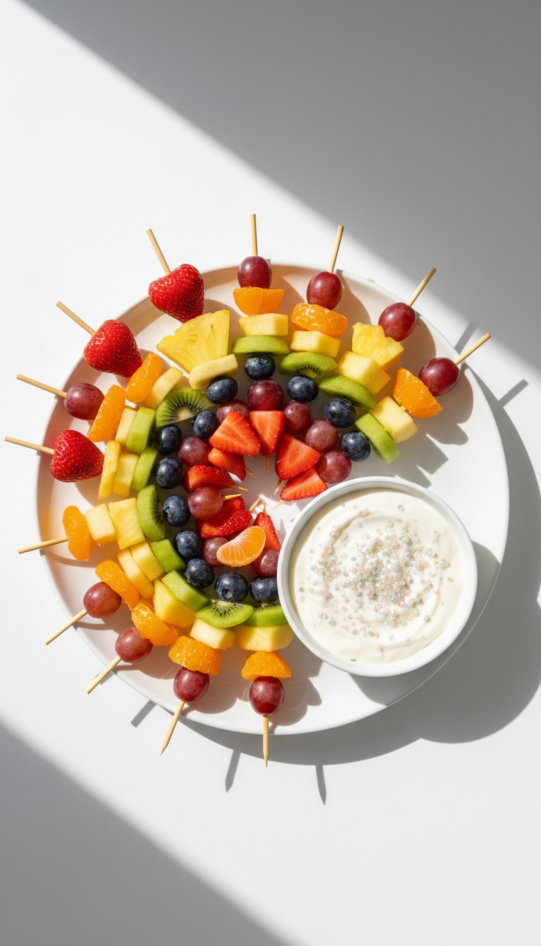 Rainbow Fruit Skewers with Cloud Dip