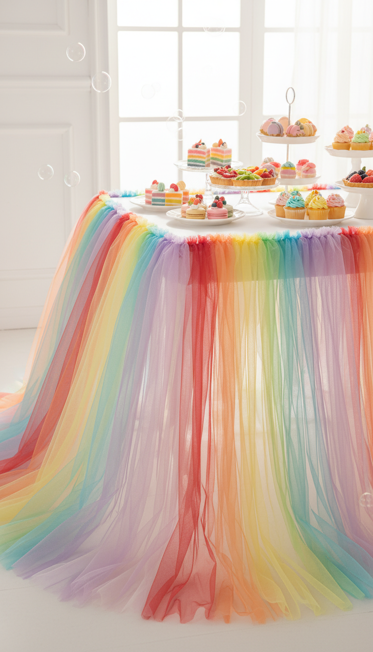 Rainbow Tulle Table Skirt Extravaganza
