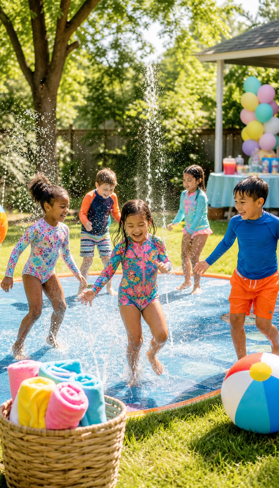 Children playing at a backyard splash pad during an outdoor summer birthday party