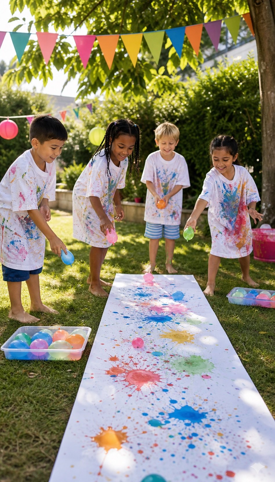 Children making colorful washable water balloon art outdoors at a summer birthday party