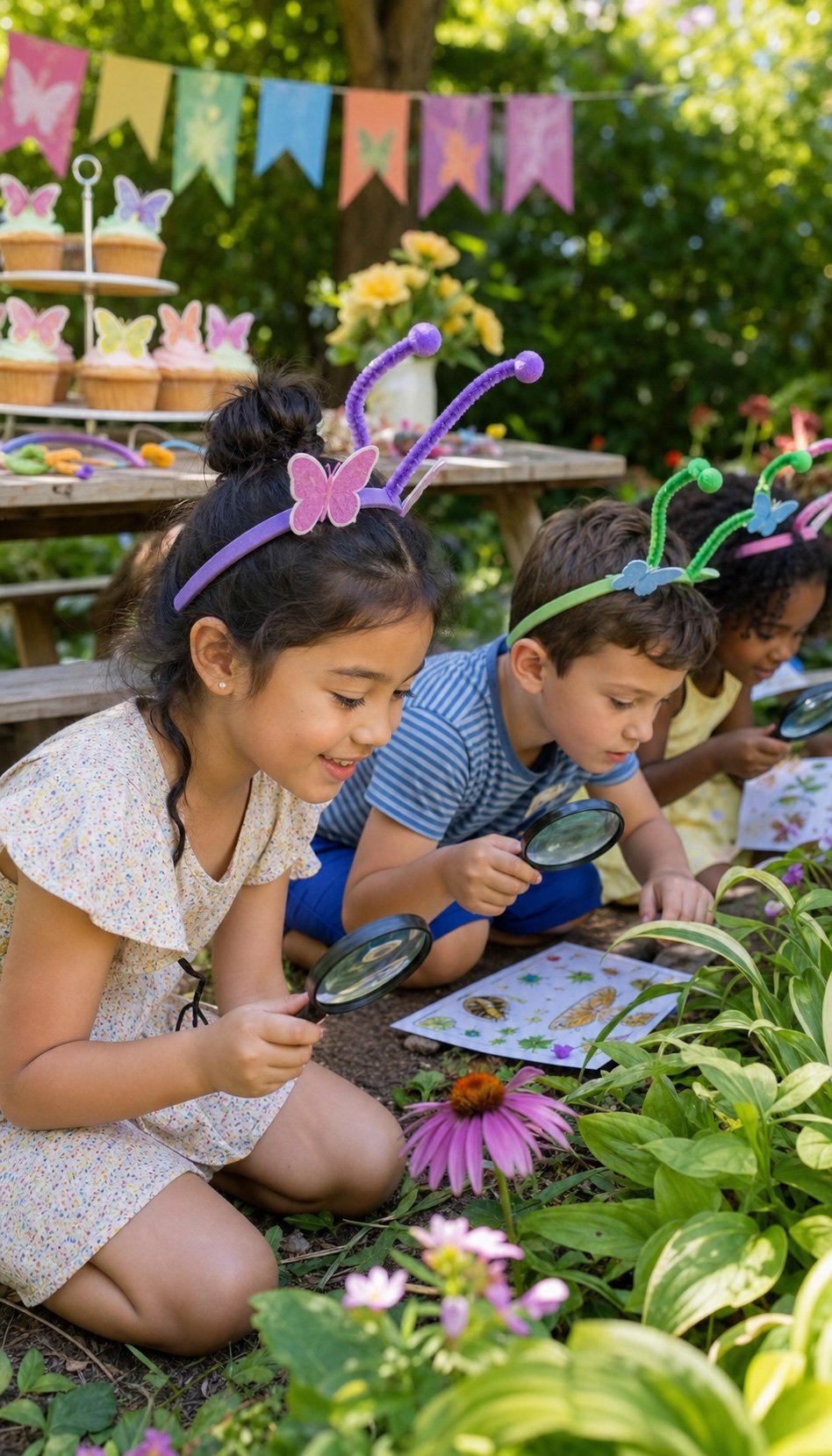 Children exploring flowers with magnifying glasses at a garden birthday party