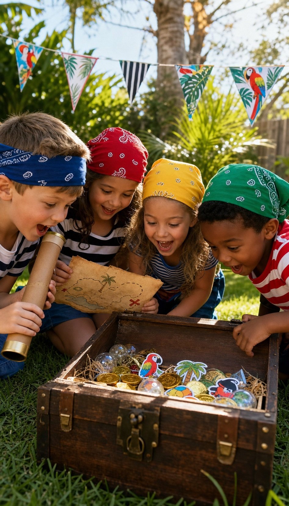 Children discovering a pirate treasure chest during a backyard birthday hunt