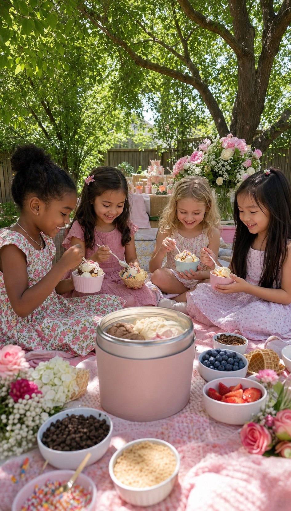 Children enjoying an ice cream sundae picnic under backyard shade