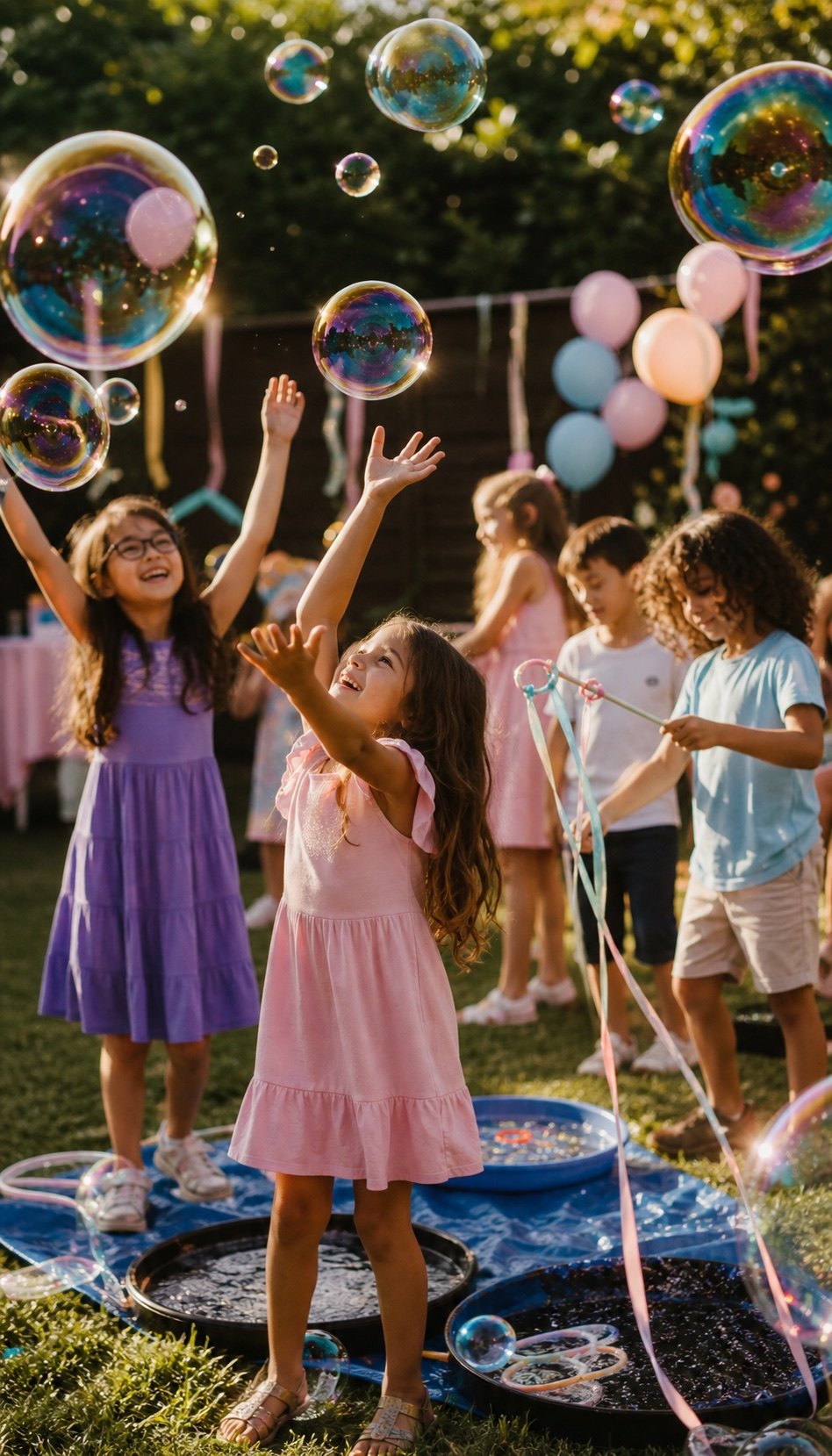 Children chasing giant bubbles at an outdoor summer birthday party