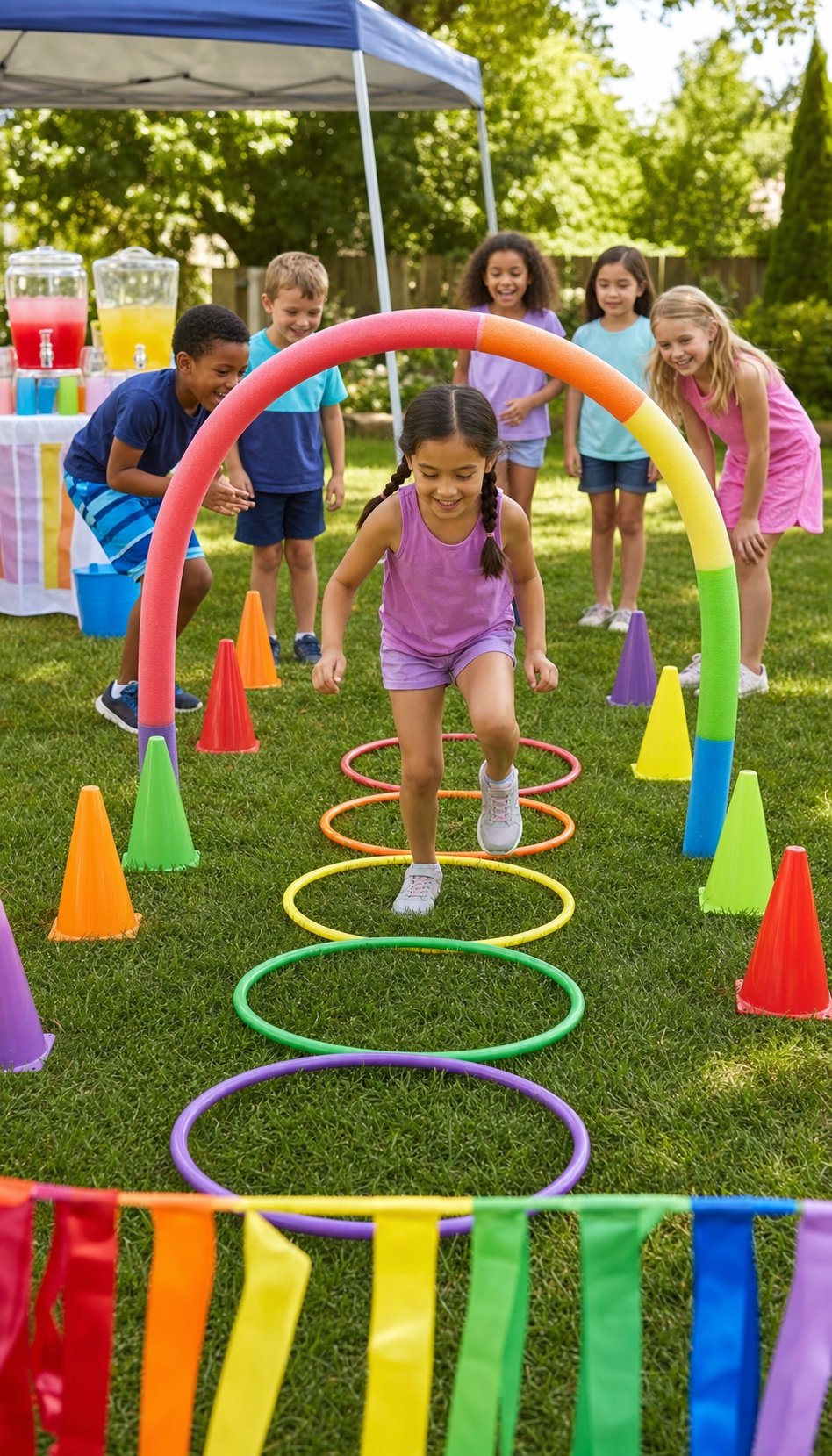 Children completing a colorful backyard obstacle course at a birthday party