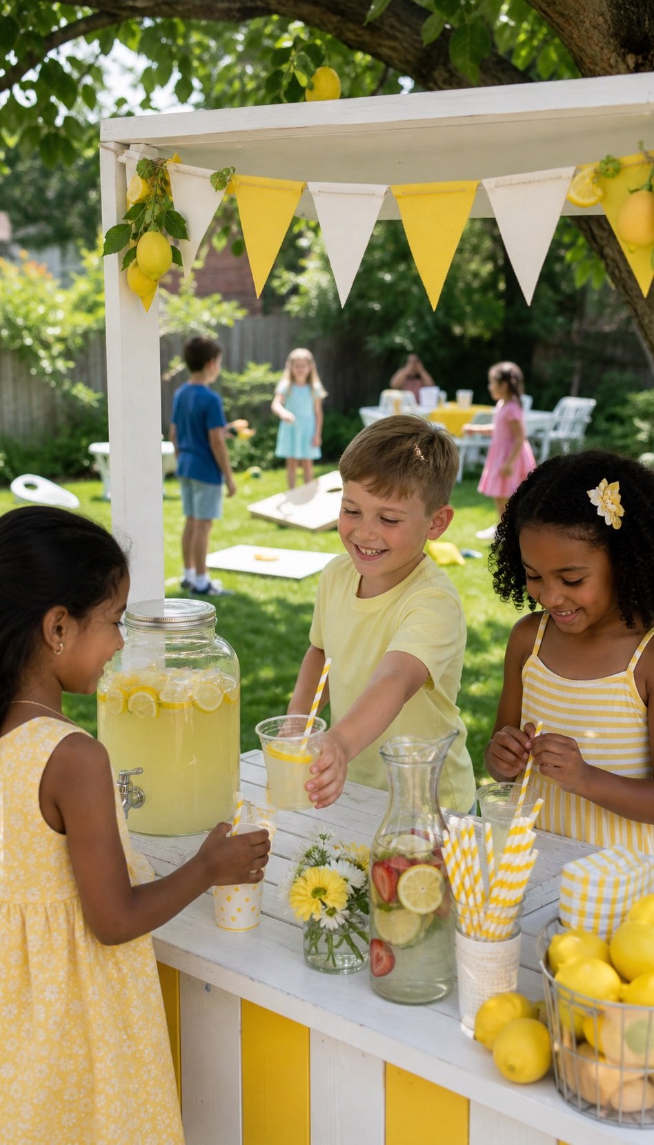 Children enjoying a decorated lemonade stand at a summer birthday party