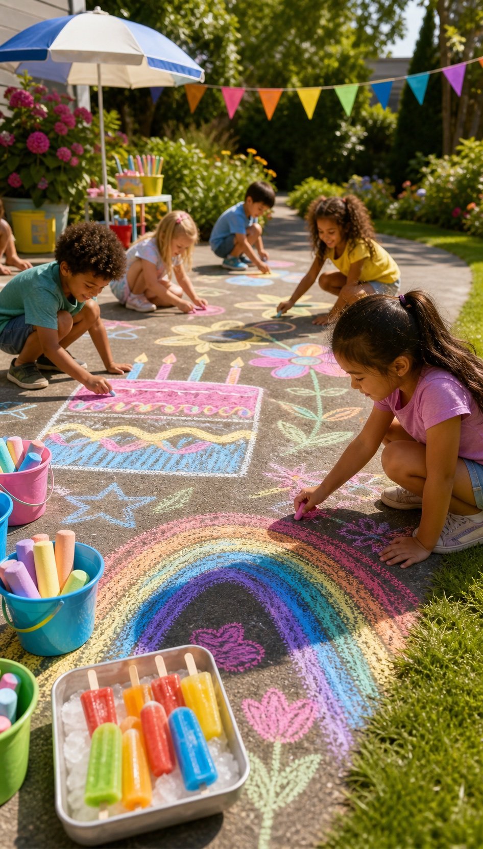 Children drawing colorful sidewalk chalk art outdoors at a birthday party