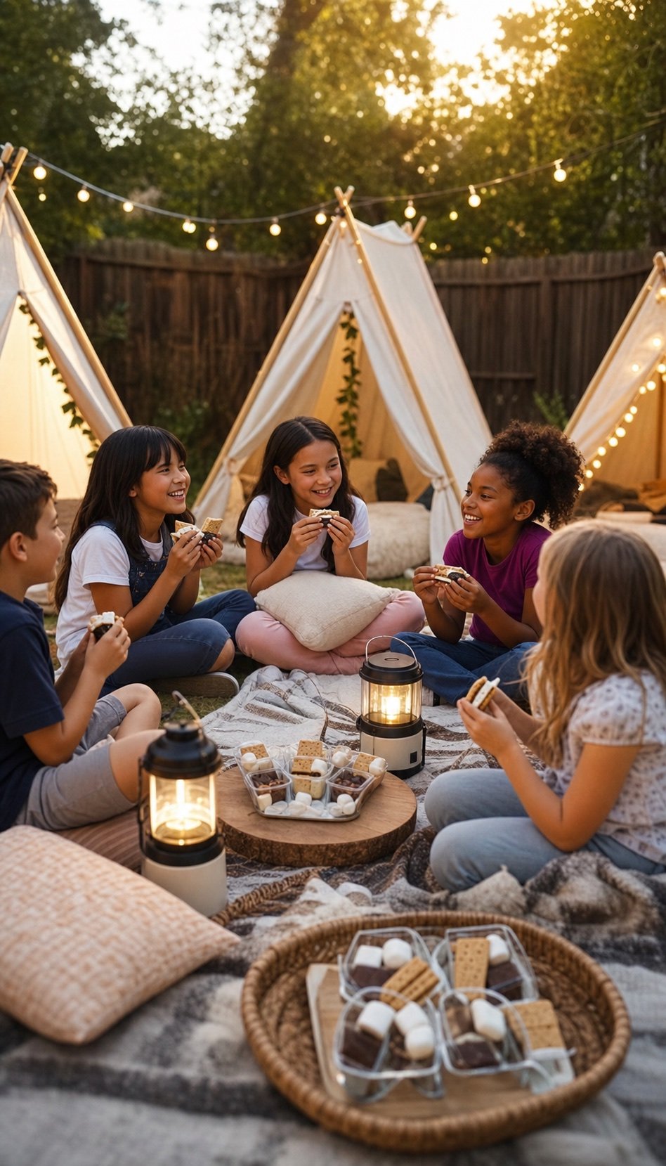 Children sharing smores treats beside backyard play tents at sunset