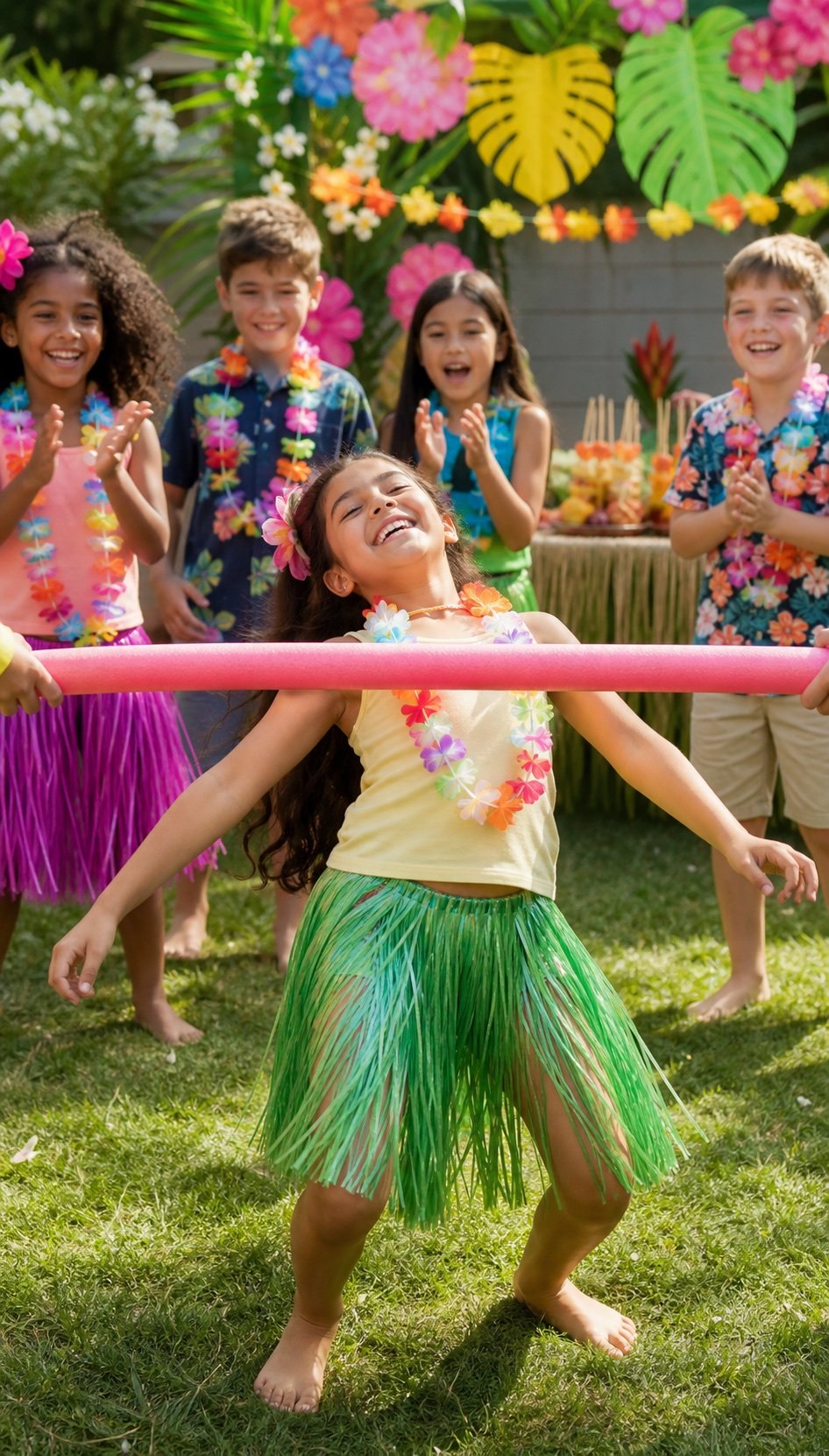 Children playing a tropical limbo game outdoors at a summer party