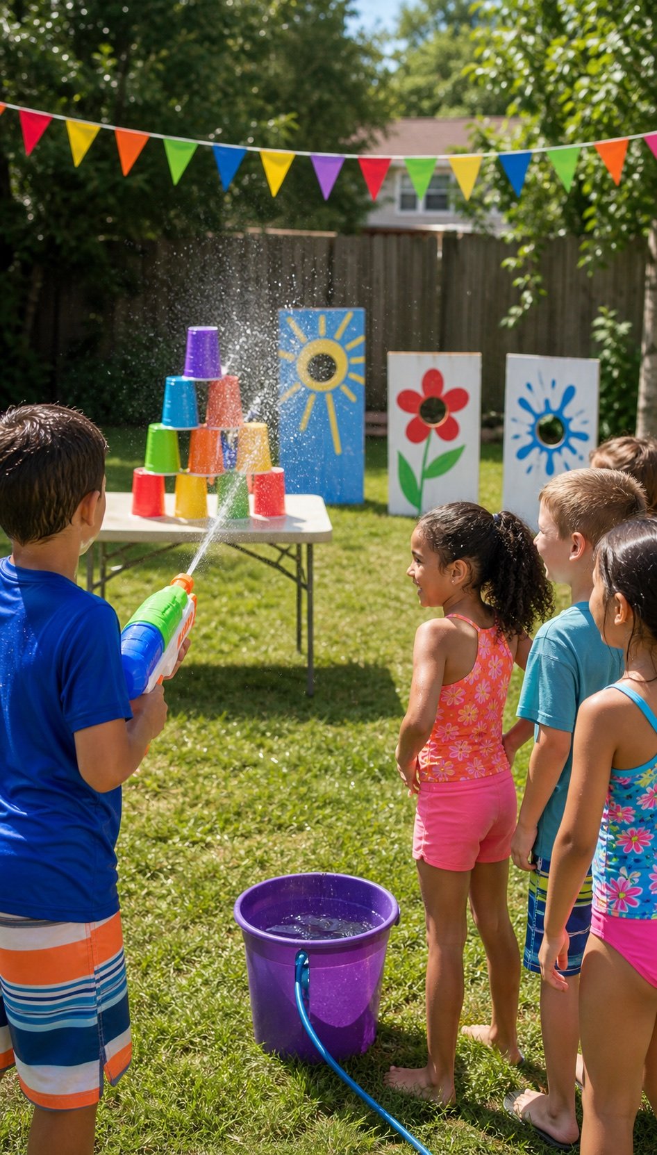 Children playing organized water blaster target games in a backyard