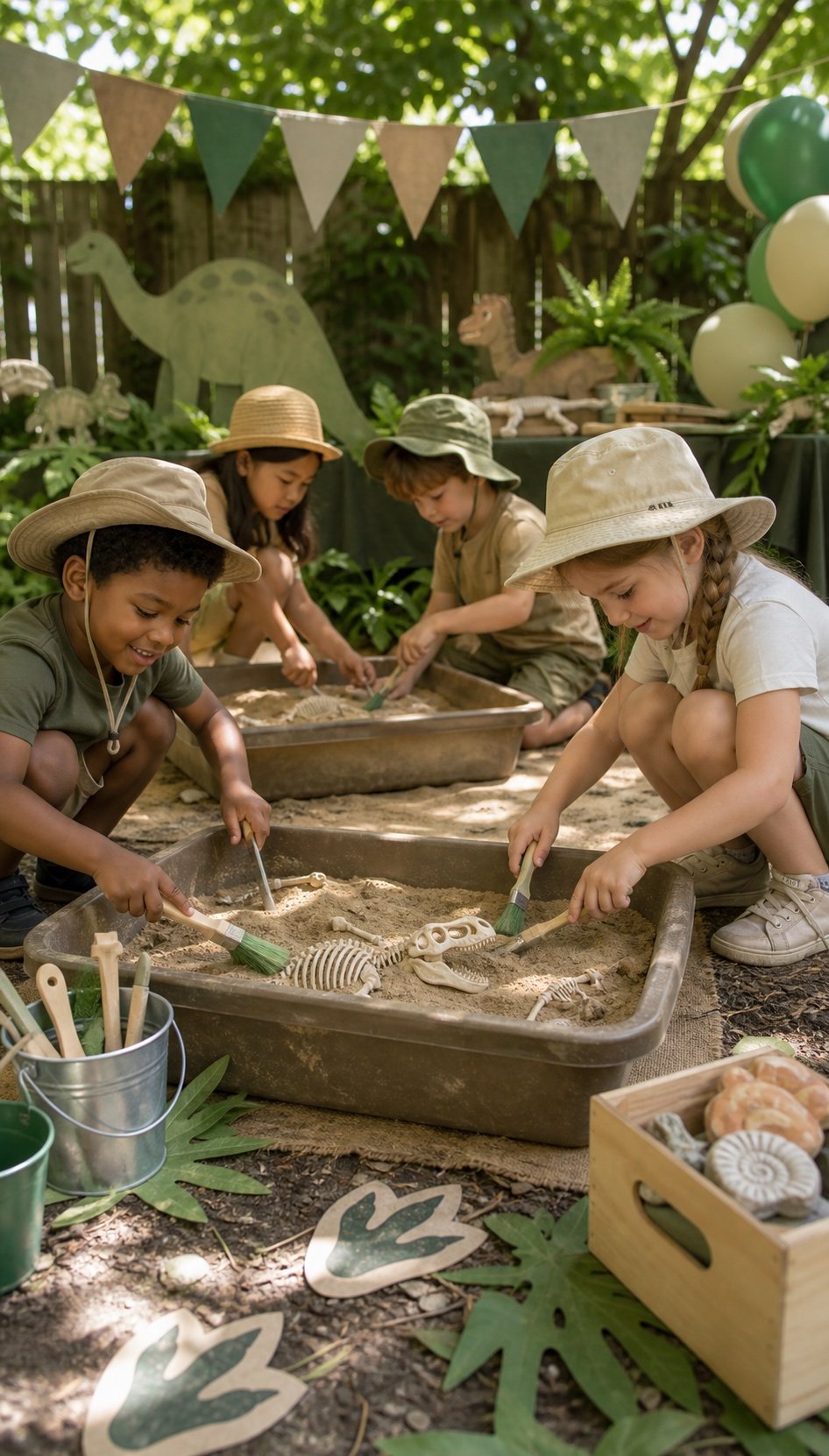 Children uncovering toy dinosaur fossils in outdoor sand dig stations