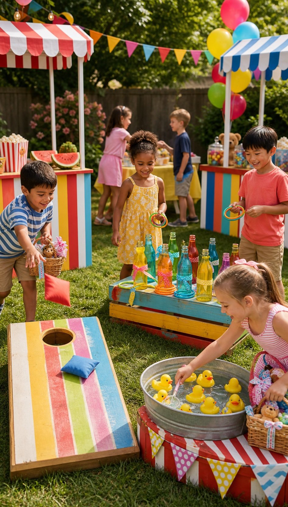 Children playing colorful backyard carnival birthday games