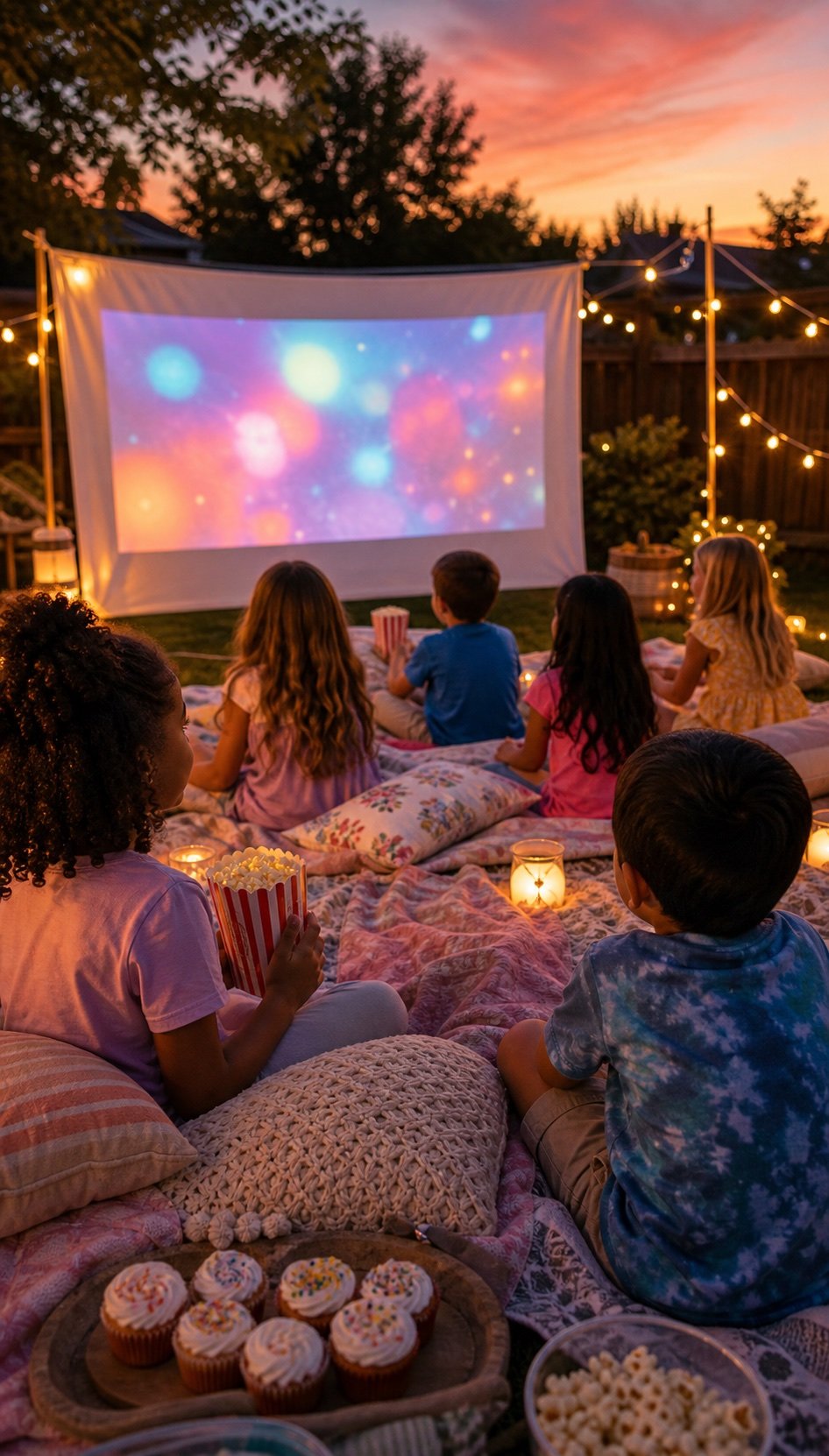 Children watching an outdoor backyard movie picnic at sunset