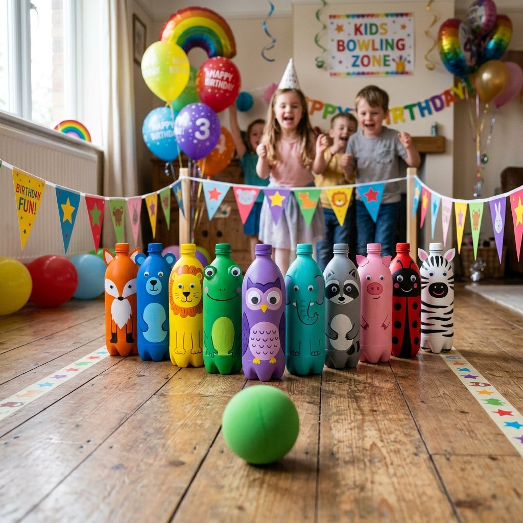 Ten plastic bottles painted like colorful animals standing as bowling pins on a wooden floor