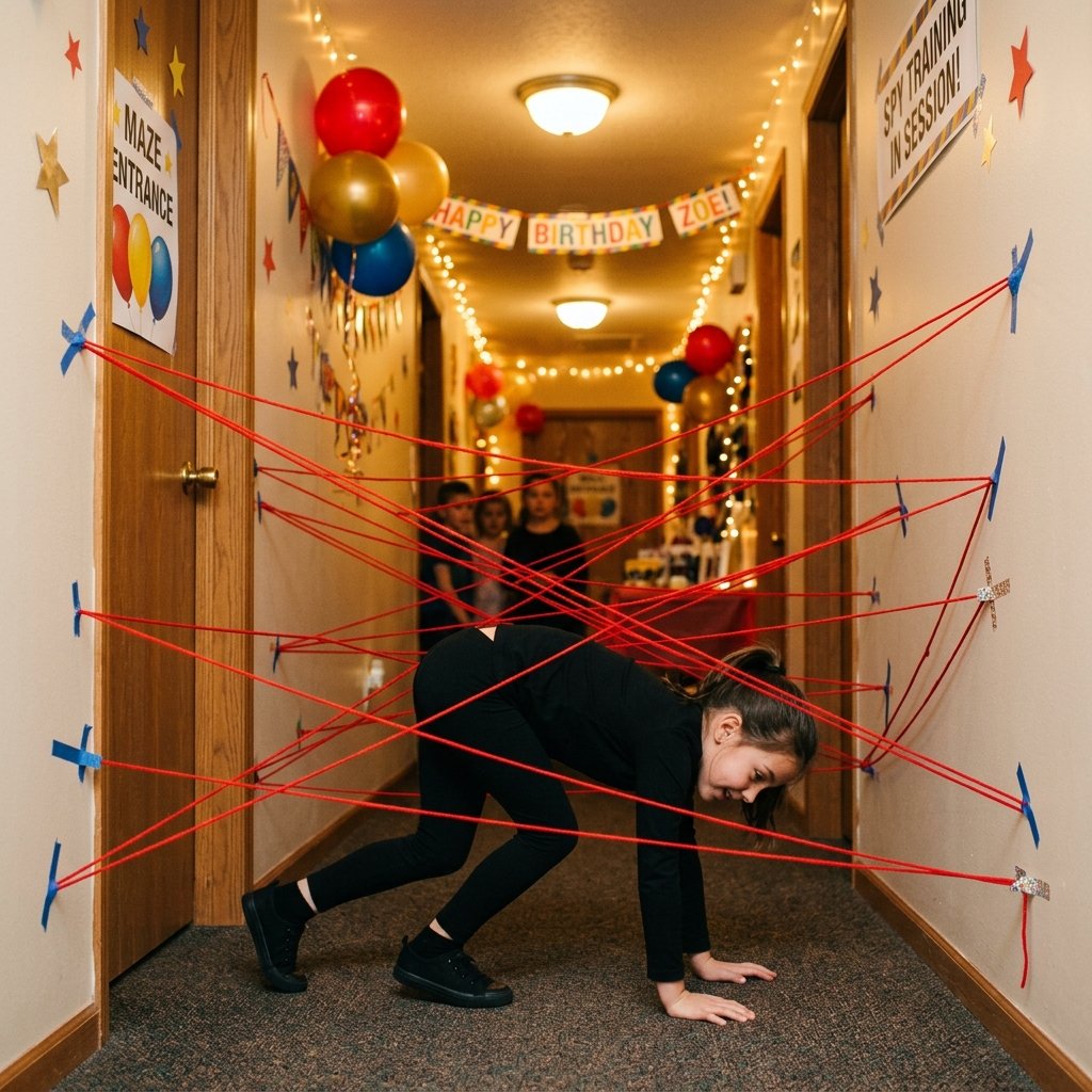 A hallway laser maze game where a child crawls under crisscrossed red yarn taped to walls