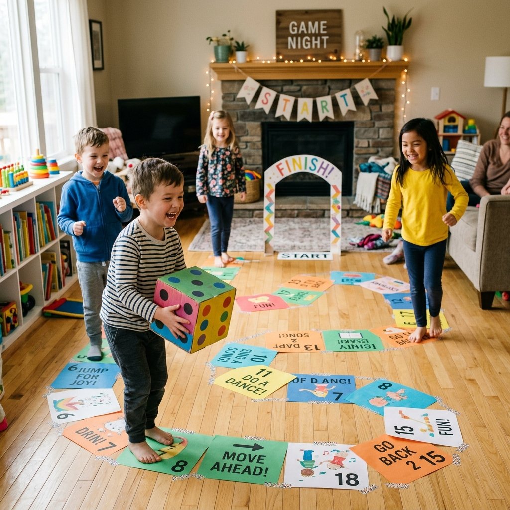 A life-sized board game set up in a living room with colorful paper sheets taped to the floor as a track