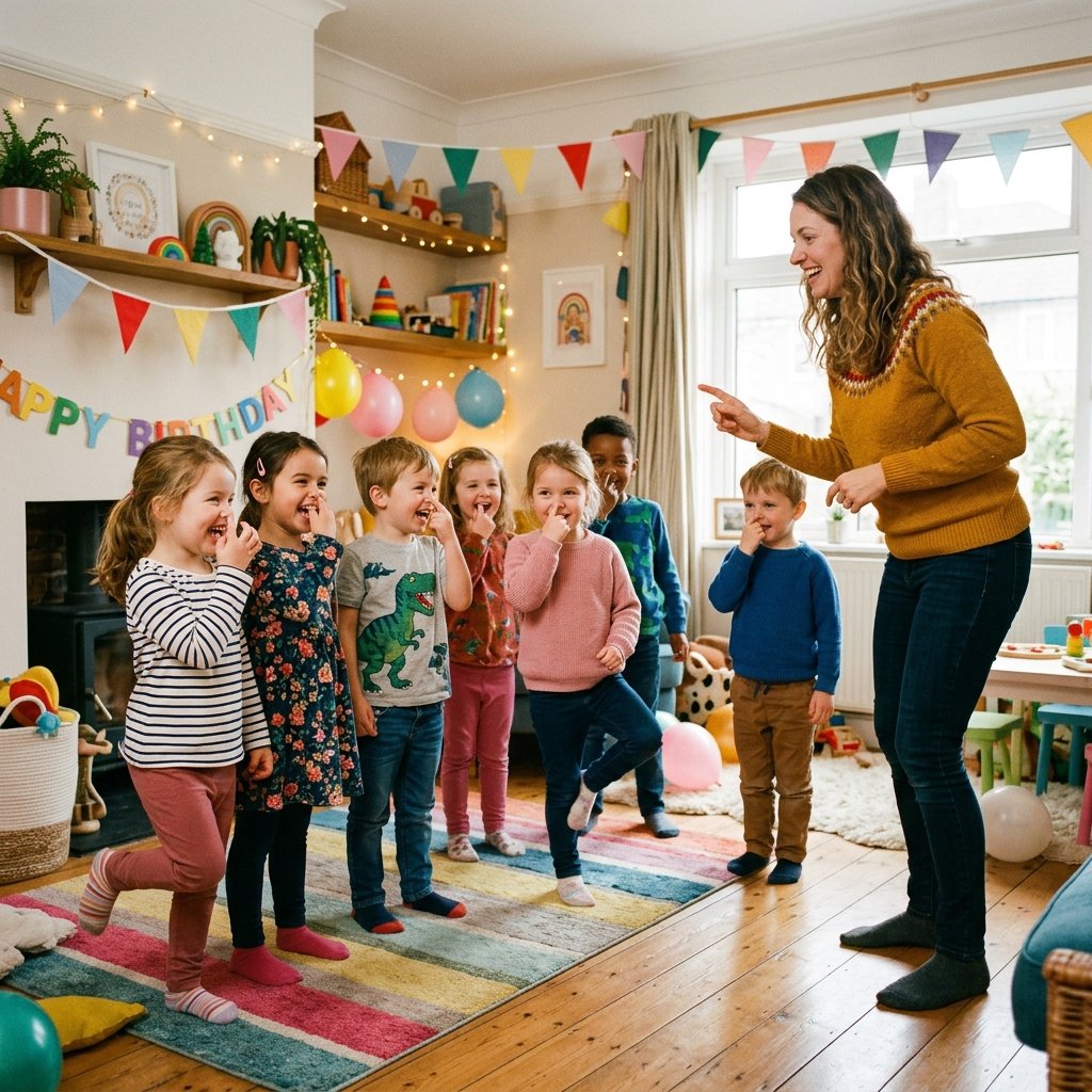 A parent leading a group of kids in a game of Simon Says inside a cozy room