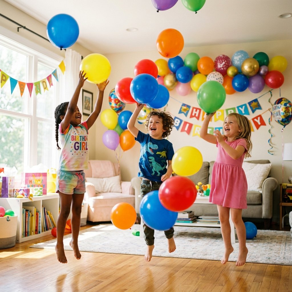 Three children laughing and jumping to keep multiple colorful balloons in the air inside a living room