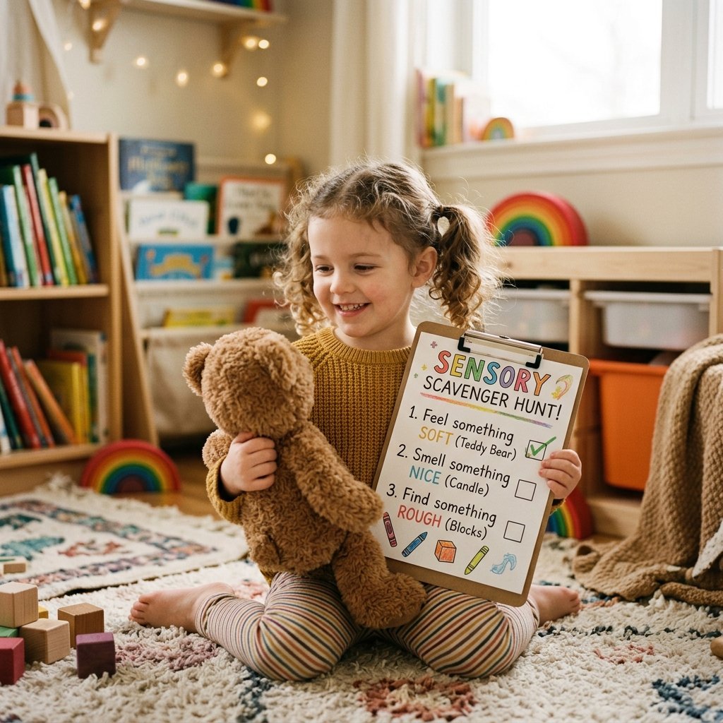 A kid holding a paper checklist, smiling while feeling the soft texture of a brown teddy bear in a cozy kid's room