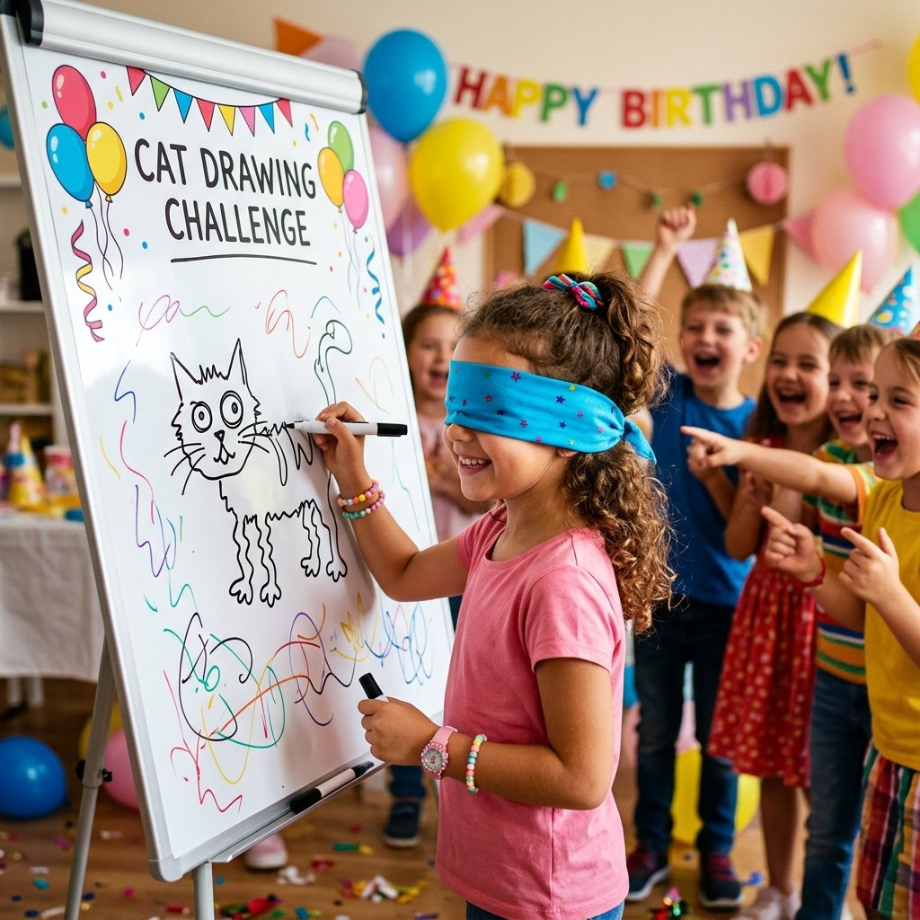 A blindfolded child holding a marker, trying to draw a cat on a whiteboard while friends laugh