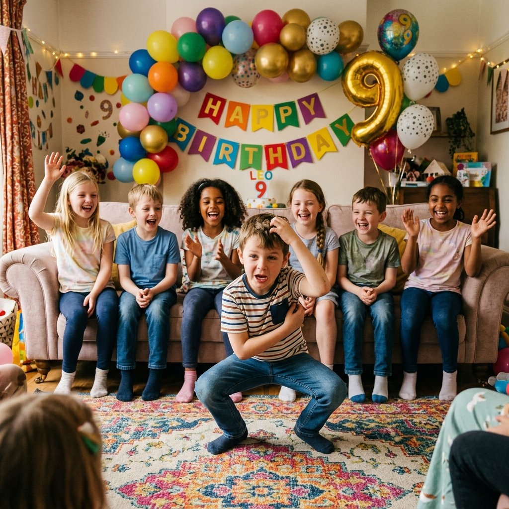 Kids playing charades with a child acting out a funny monkey pose while other kids sitting on a sofa laugh