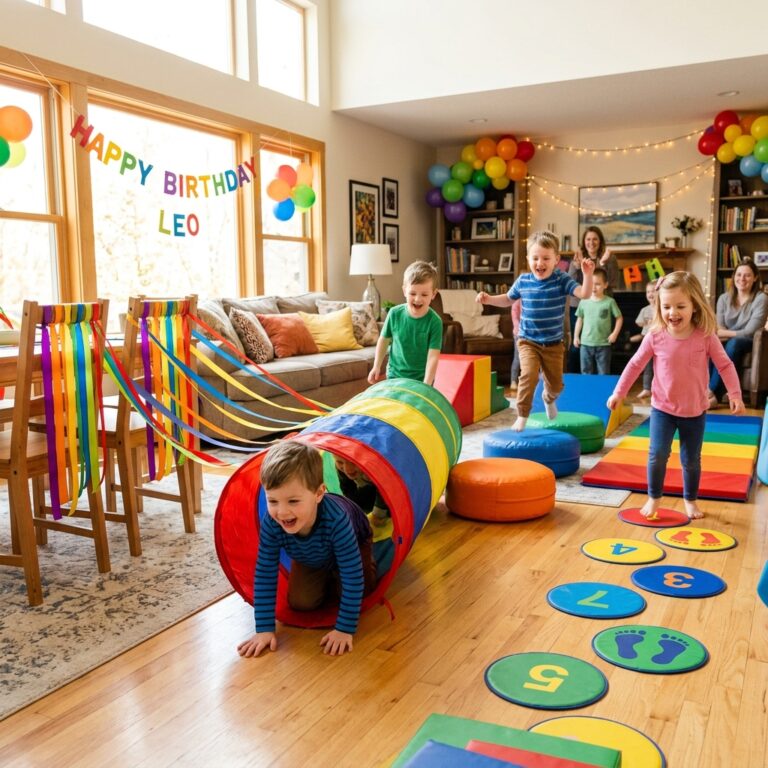 Colorful indoor obstacle course in a living room with tunnel, cushions, and stepping mats