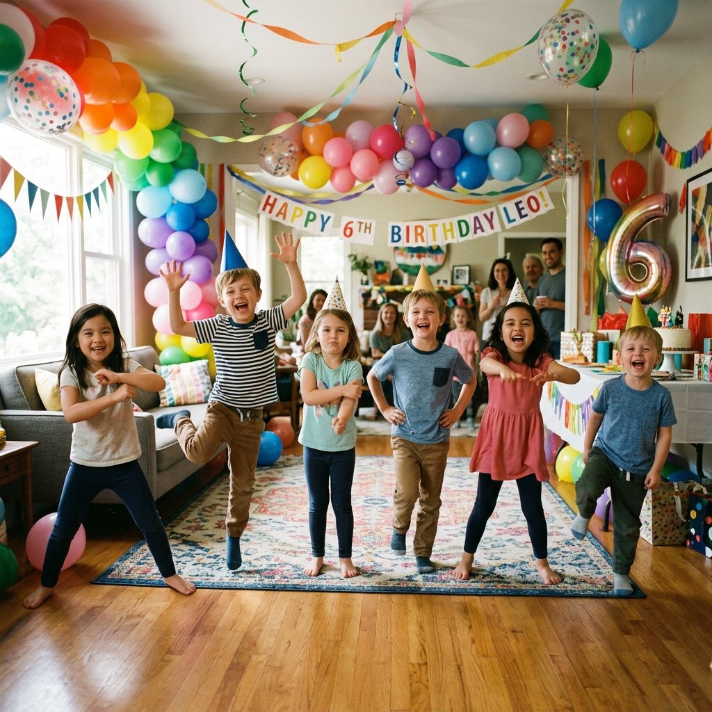 Kids playing freeze dance game in a decorated living room with balloons and banners
