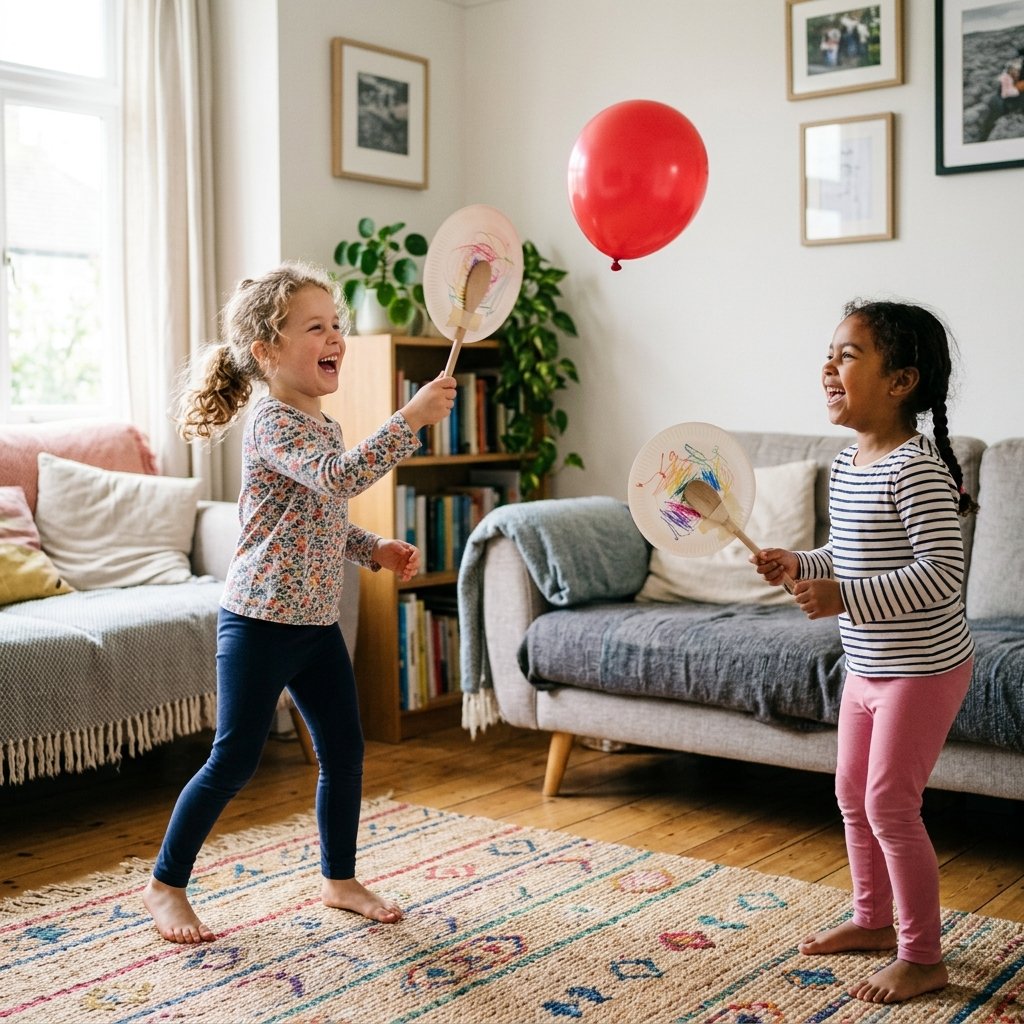 Kids playing balloon tennis indoors with paper plate rackets and a red balloon