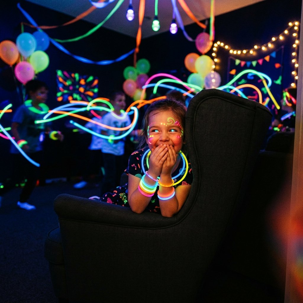 Child wearing glowing neon bracelets hiding behind an armchair in a dark room
