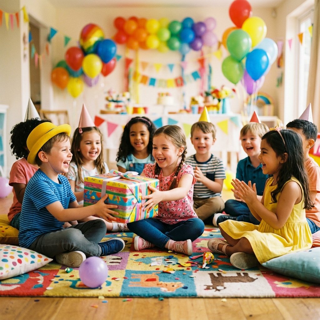 Kids sitting in a circle on a rug, passing a large multi-layered wrapped gift in a bright room