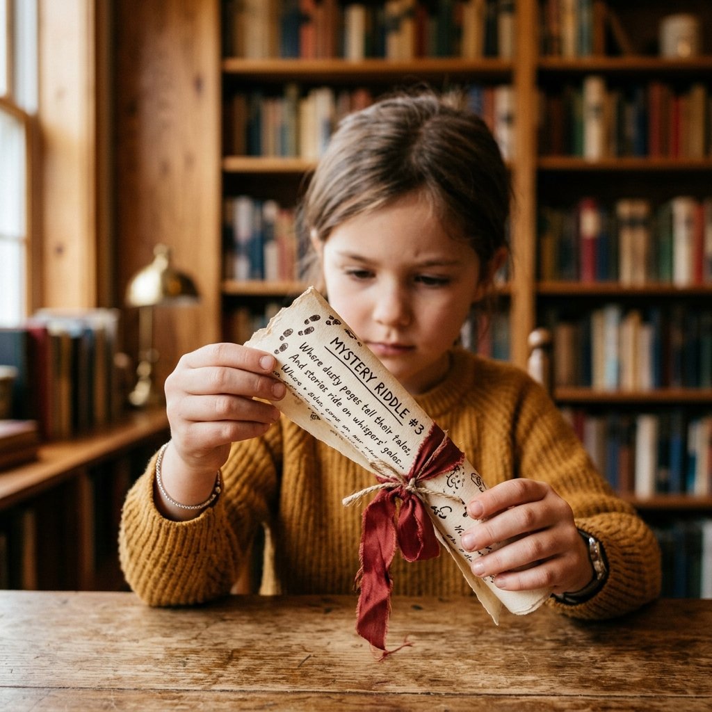 A close-up of a child's hands holding a rolled paper riddle clue scroll tied with ribbon
