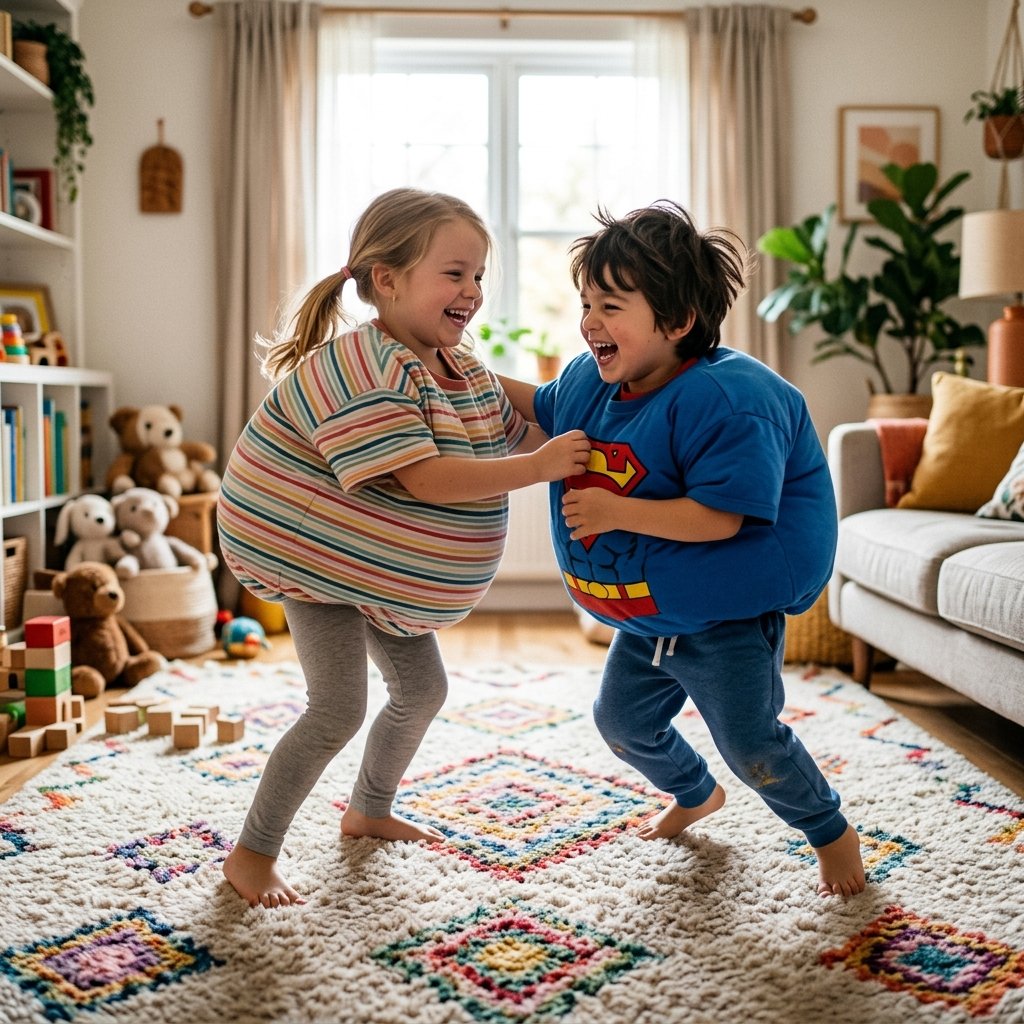 Two kids in oversized shirts stuffed with soft pillows gently bumping each other on a thick carpet