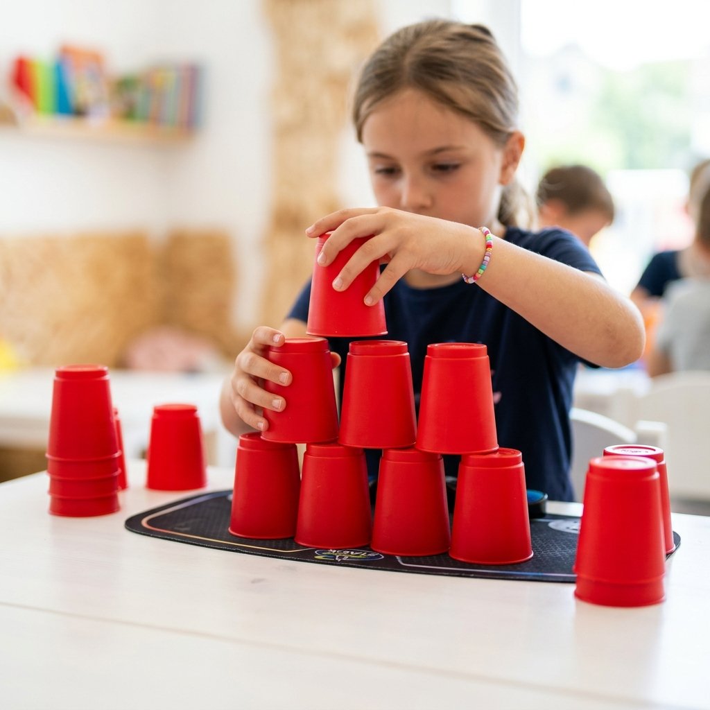 A kid doing a speed cup stacking challenge, arranging red plastic cups into a neat pyramid on a table
