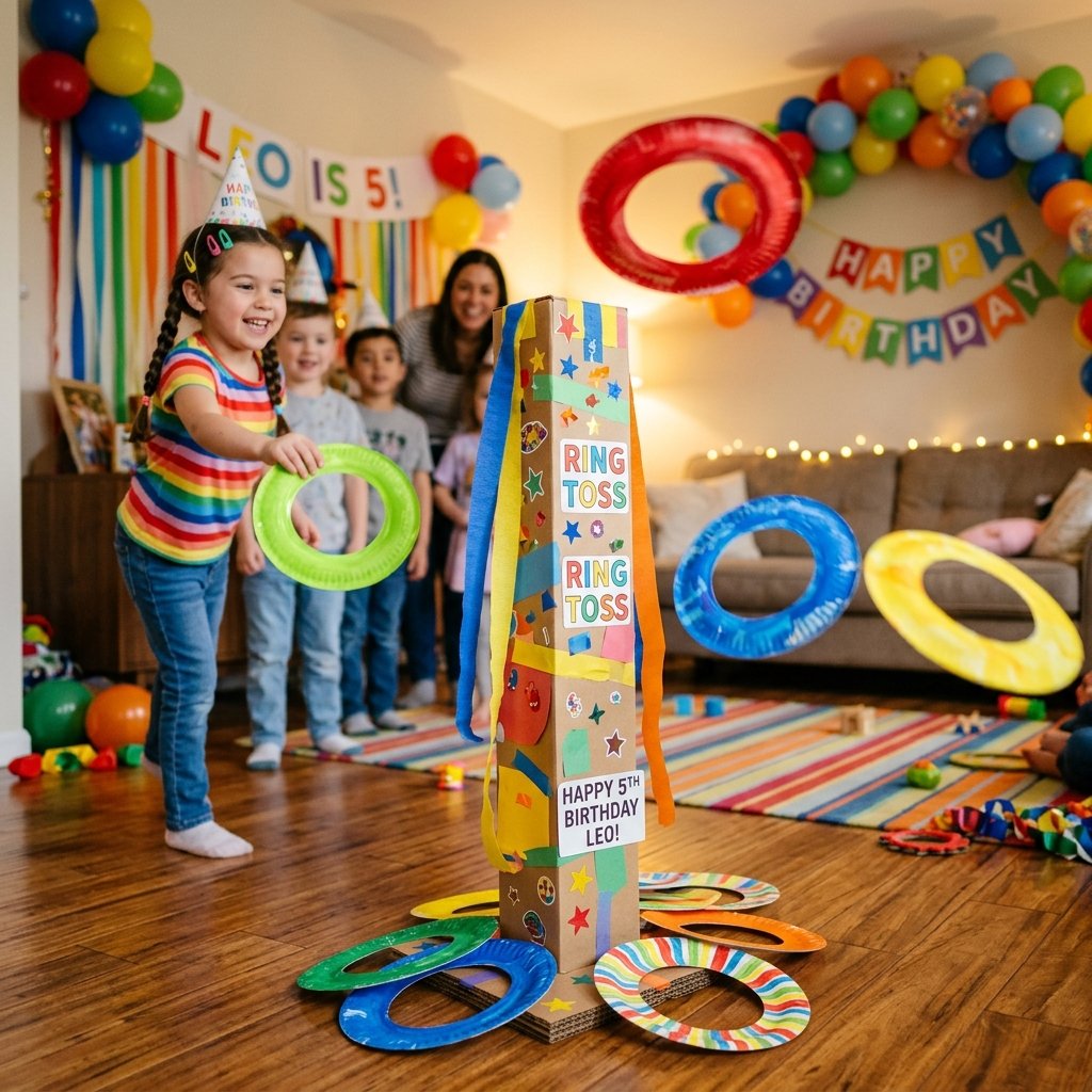 A kids birthday paper plate ring toss game with colorful rings made of painted paper plates thrown at a post