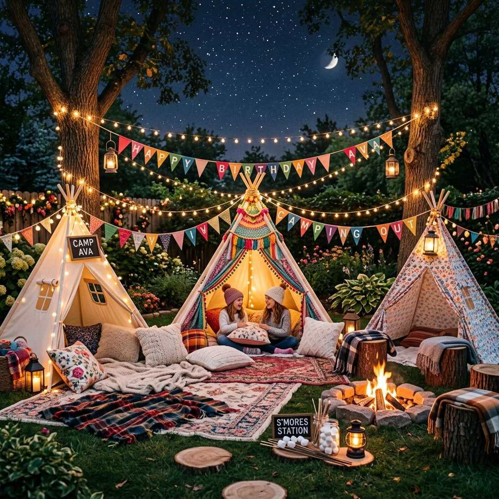 Cozy backyard campout birthday party setup with teepee tents, fairy lights, blankets, and campfire