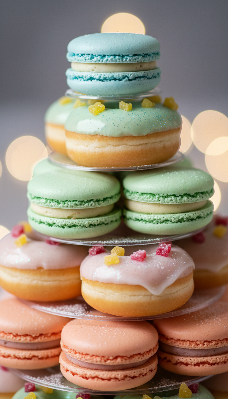 Sweet Macaron and Pastel Donut Tower