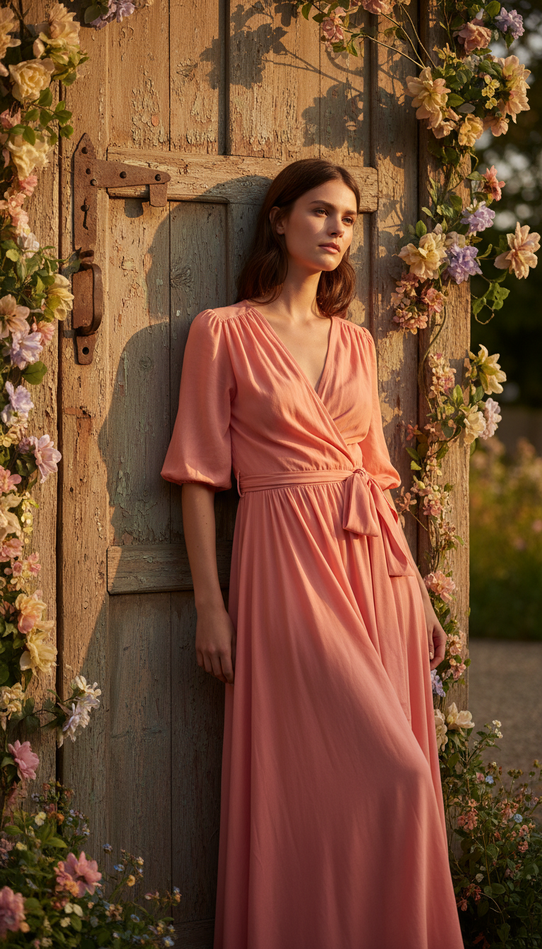Soft Coral Ruffled Wrap Dress